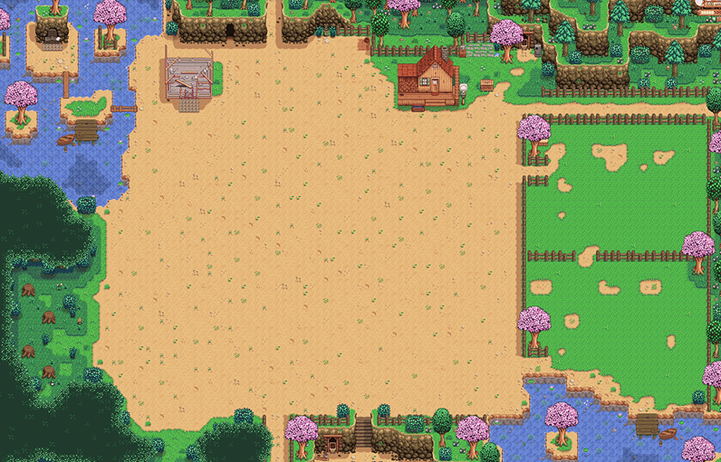 A screeenshot of the extended Stardew Valleyfarm with all the areas