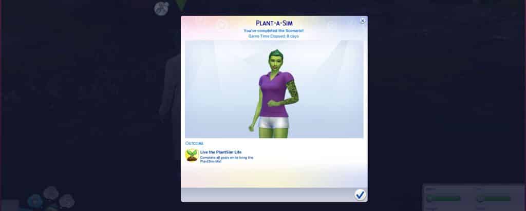 La pantalla de finalización del escenario Plant-A-Sim- Sims 4.