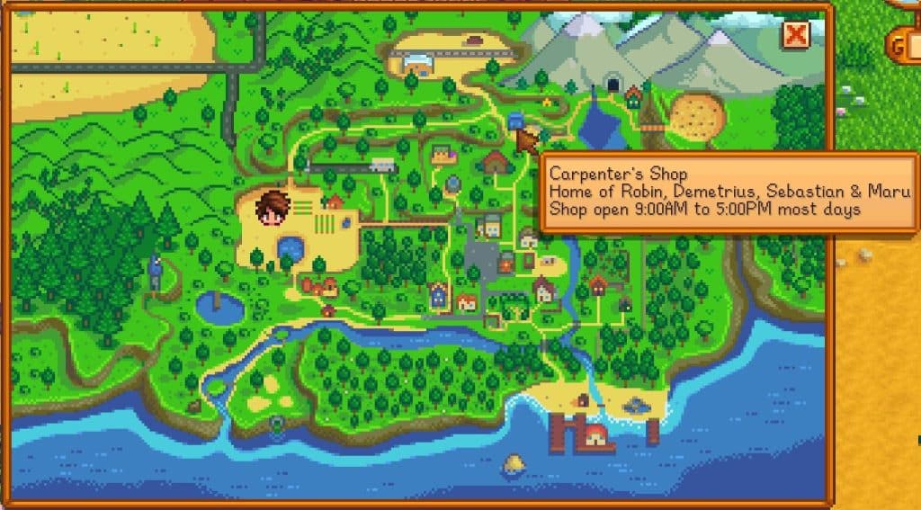 Map of Stardew Valley highlighted on the Carpenter's shop.