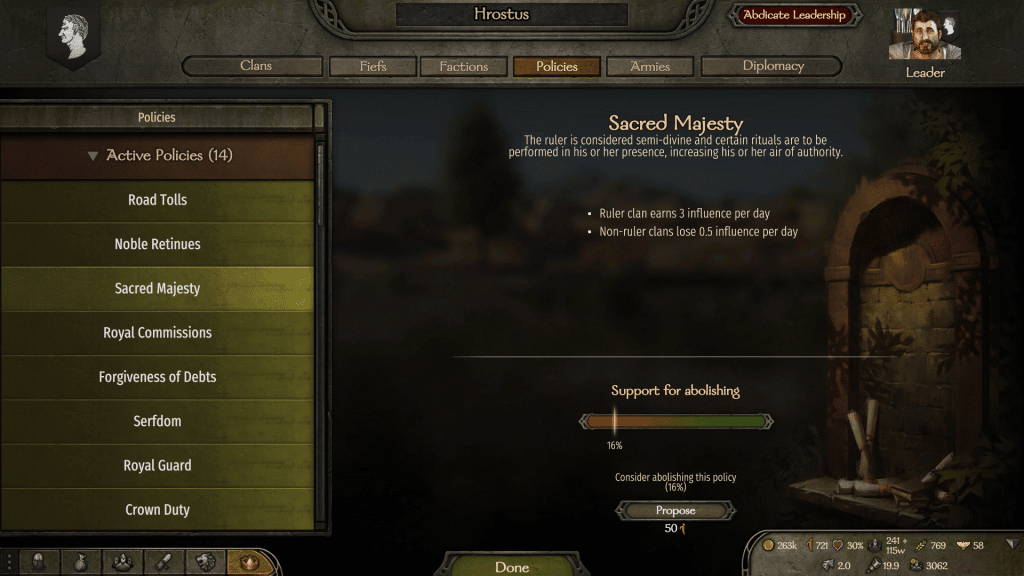 Sacred Majesty Policy in Bannerlord