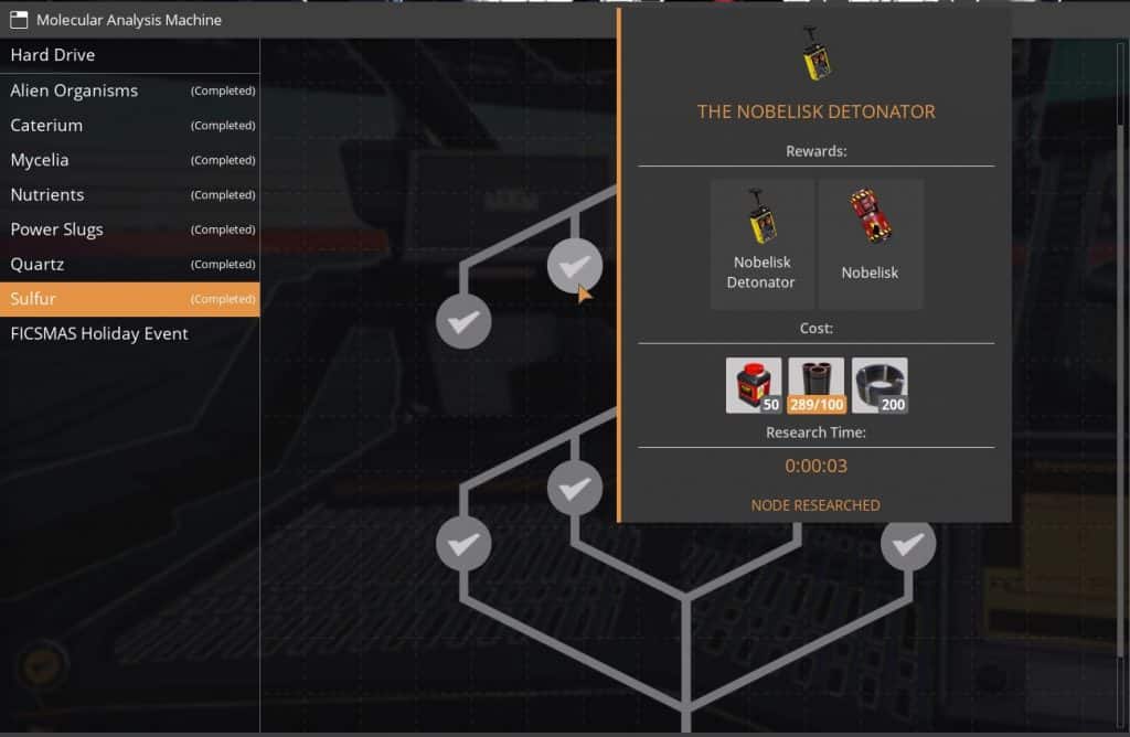 Nobelisk and Nobelisk Detonator can be found as the 2nd option on the top left of the Sulfur Research tree in Satisfactory./ Credits: Coffee Stain Studios