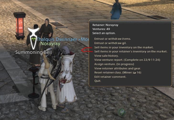 Example Image of the Retainer Function Menu With Player and Retainer Inventory Posting in FF14./ Credits: Square Enix