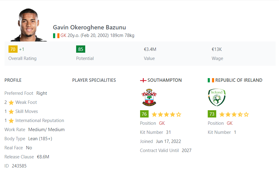 Gavin Bazunu is one of the best cheap goalkeepers in FIFA 23 Career Mode.