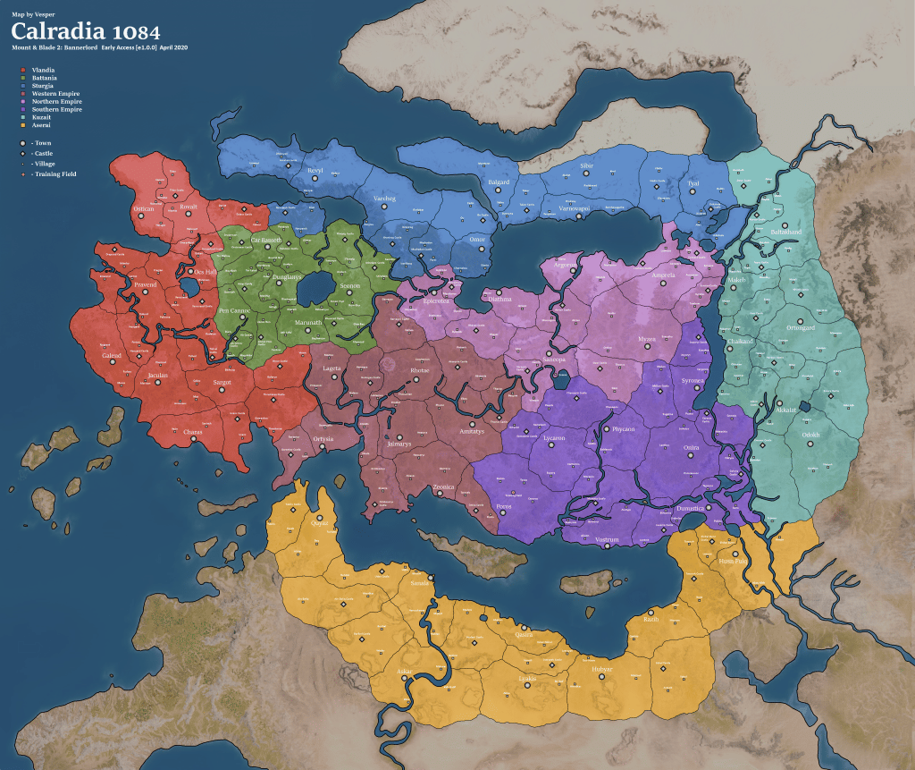 Mapa de Kingdoms of Calradia en Bannerlord - Crédito: Mount & Blade II: Bannerlord Wiki
