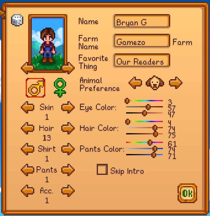 La imagen es una vista previa de las opciones del juego para personalizar tu personaje en Stardew Valley.
