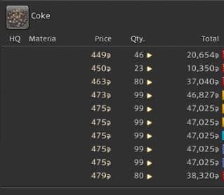 Ejemplo de precios de Coca-Cola en FF14.