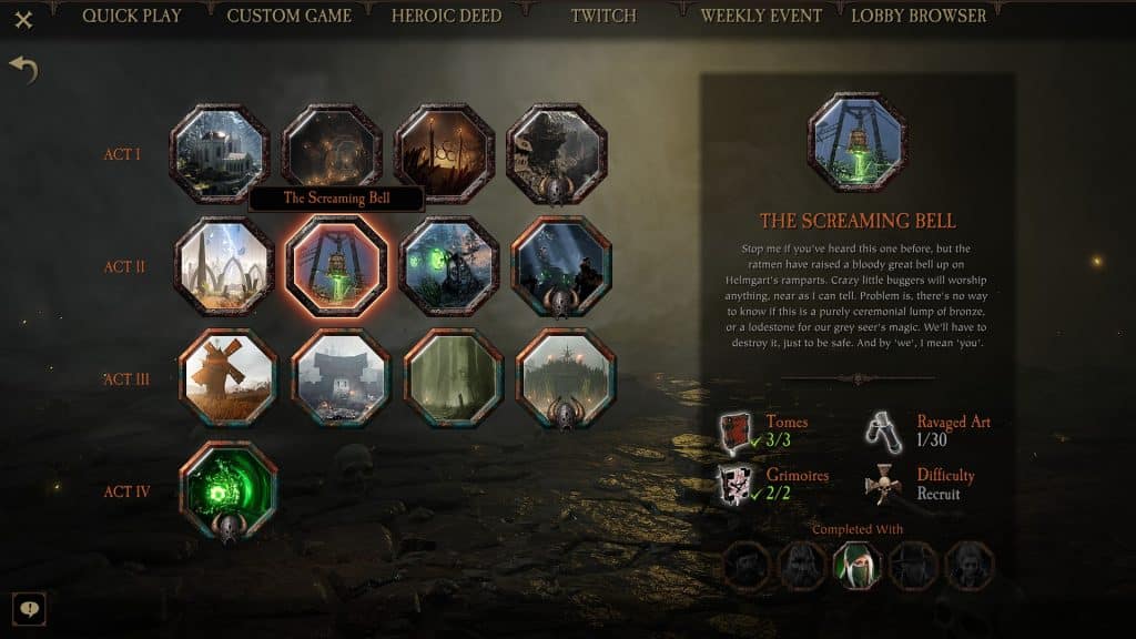 How to level up fast in Warhammer Vermintide 2 - The Screaming Bell mission select screen. 