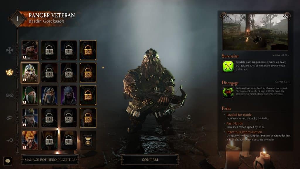 How to unlock all classes in Warhammer Vermintide 2 - Bardin on character selection.