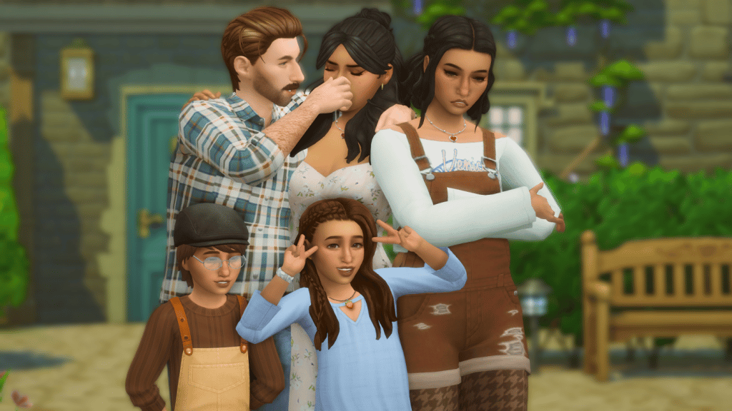 Una familia de Sims posa para una foto.