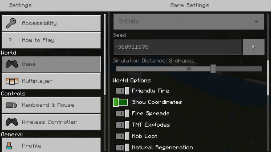 The show coordinates setting in the Minecraft