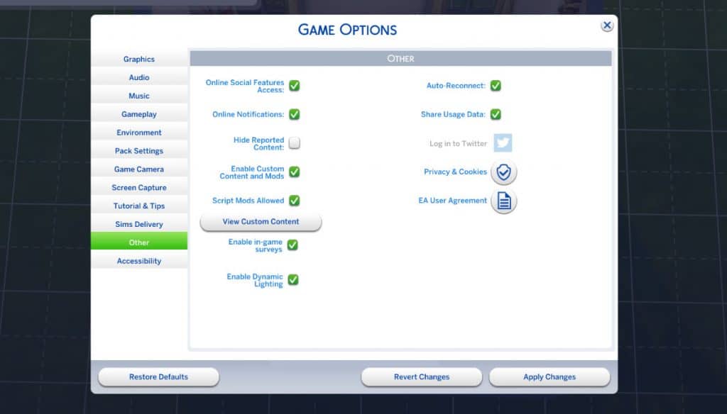 the sims 4 game option window