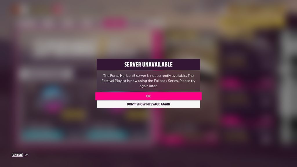 Mensaje emergente de servidor de Forza Horizon 5 no disponible después de iniciar el juego sin conexión