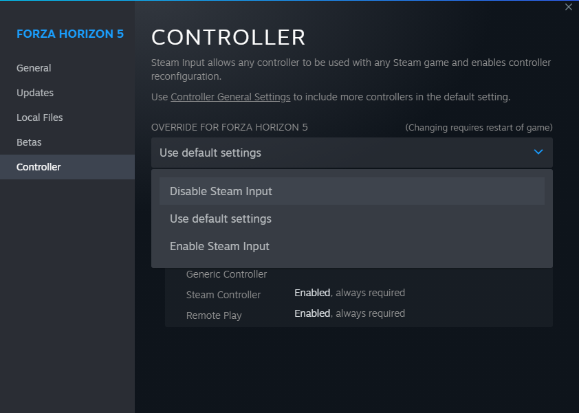 Configuración de anulación del controlador de Steam para Forza Horizon 5